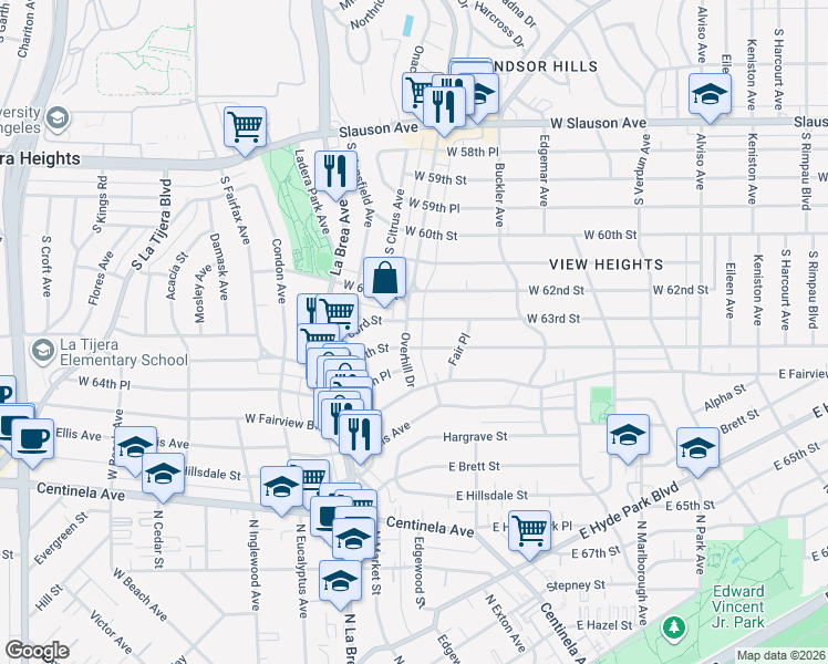 map of restaurants, bars, coffee shops, grocery stores, and more near 4542 West 63rd Street in Los Angeles