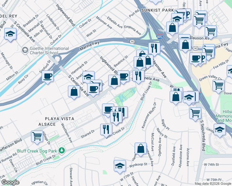 map of restaurants, bars, coffee shops, grocery stores, and more near 12035 Waterfront Drive in Los Angeles