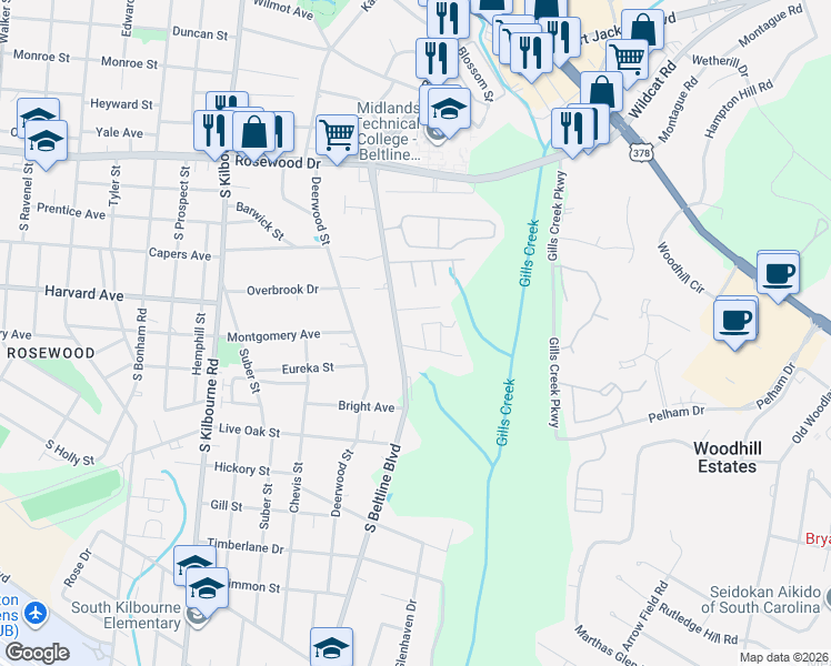 map of restaurants, bars, coffee shops, grocery stores, and more near 612 South Beltline Boulevard in Columbia
