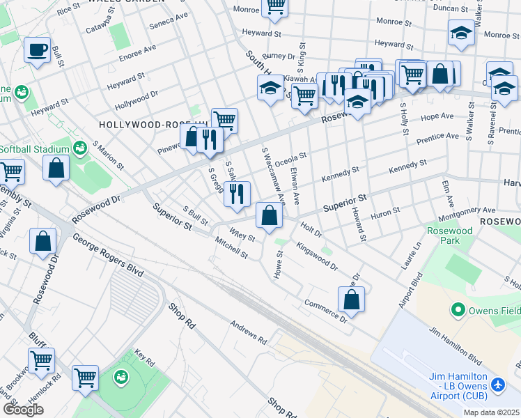 map of restaurants, bars, coffee shops, grocery stores, and more near 602 South Edisto Avenue in Columbia