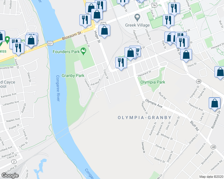 map of restaurants, bars, coffee shops, grocery stores, and more near 600 Heyward Street in Columbia