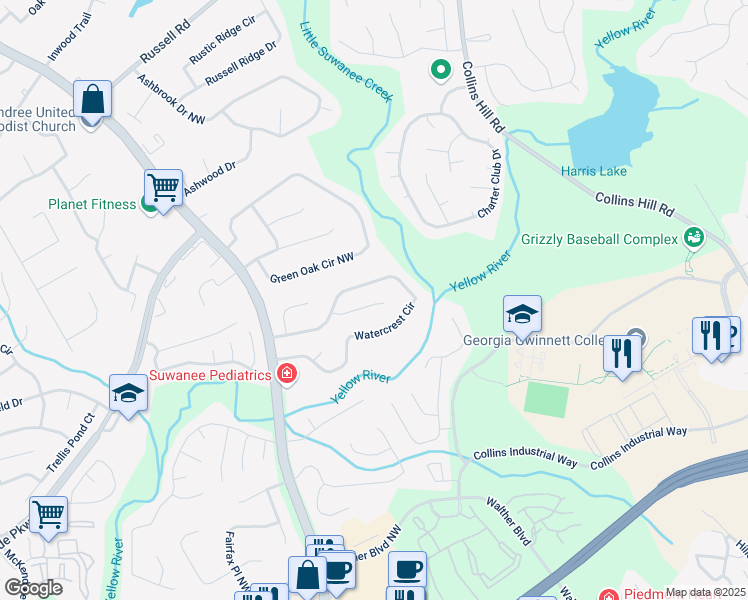 map of restaurants, bars, coffee shops, grocery stores, and more near 361 Fountainmist Trail in Lawrenceville