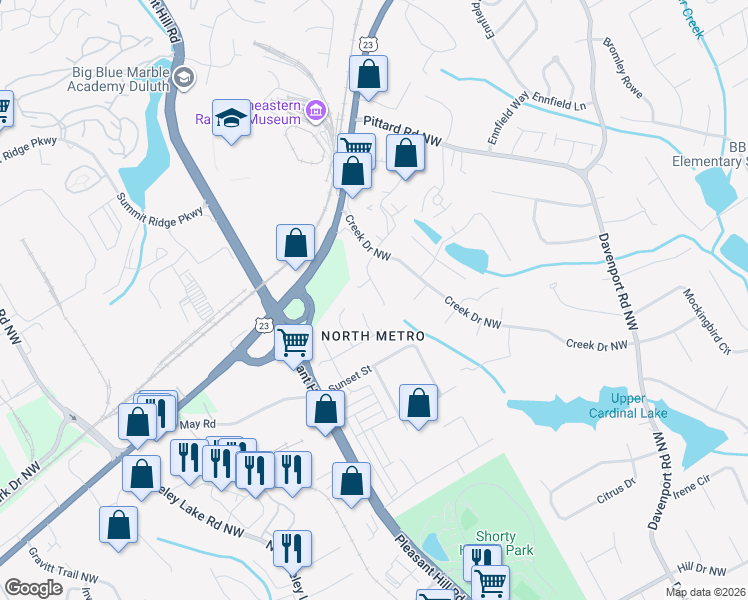 map of restaurants, bars, coffee shops, grocery stores, and more near 3630 Scepter Circle in Duluth