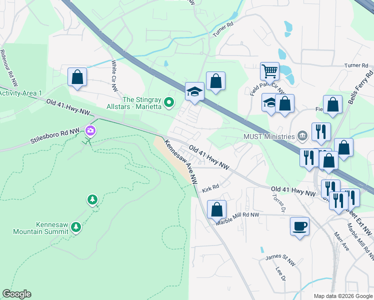map of restaurants, bars, coffee shops, grocery stores, and more near 612 Parkside Village Way in Marietta