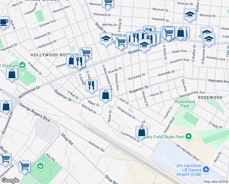 map of restaurants, bars, coffee shops, grocery stores, and more near 624 South Waccamaw Avenue in Columbia
