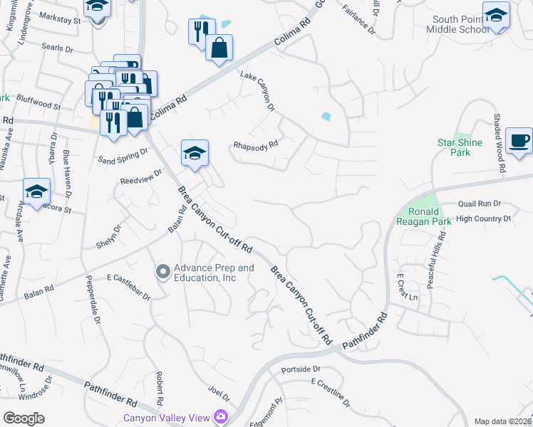 map of restaurants, bars, coffee shops, grocery stores, and more near 20330 Holcroft Dr in Walnut