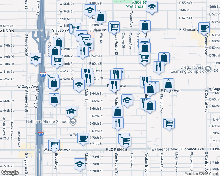 map of restaurants, bars, coffee shops, grocery stores, and more near 232 East Gage Avenue in Los Angeles