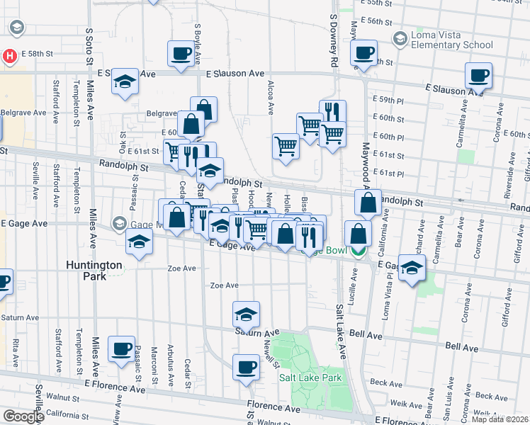 map of restaurants, bars, coffee shops, grocery stores, and more near 6244 Hood Avenue in Huntington Park
