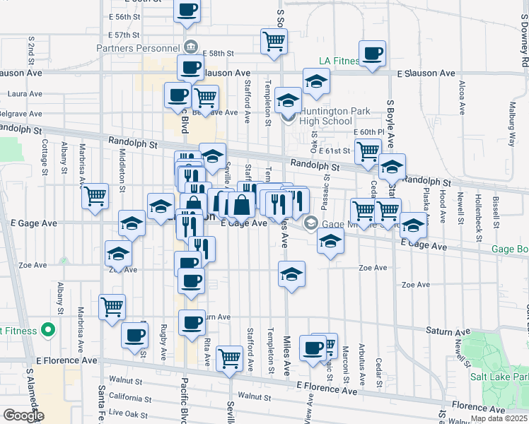 map of restaurants, bars, coffee shops, grocery stores, and more near in Huntington Park