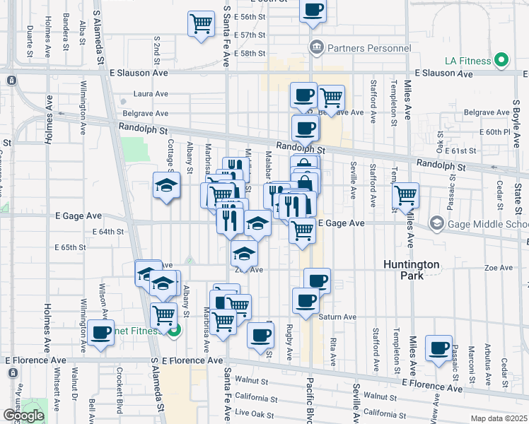 map of restaurants, bars, coffee shops, grocery stores, and more near 6347 Malabar Street in Huntington Park
