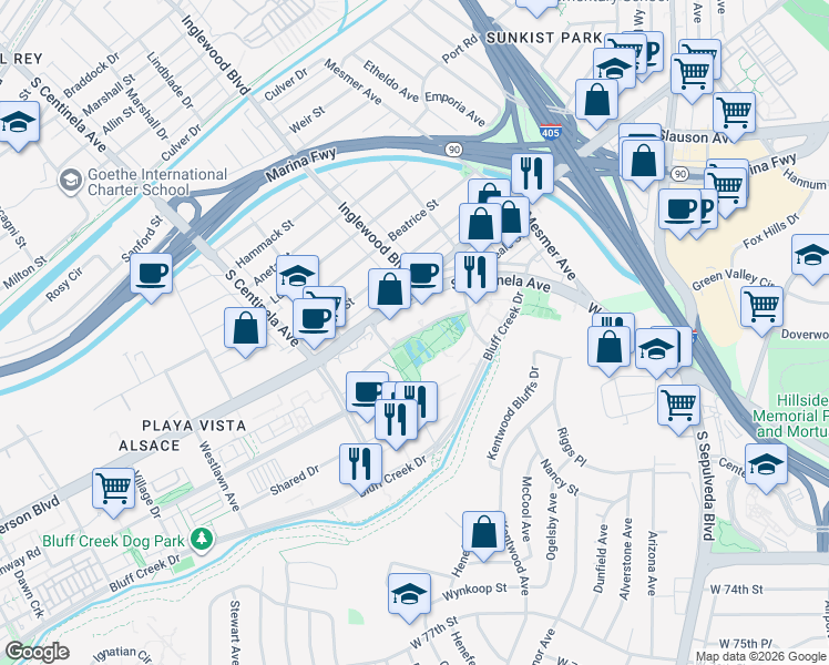 map of restaurants, bars, coffee shops, grocery stores, and more near 12105 West Waterfront Drive in Los Angeles