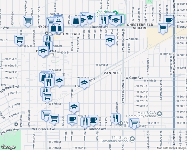 map of restaurants, bars, coffee shops, grocery stores, and more near 6327 5th Avenue in Los Angeles