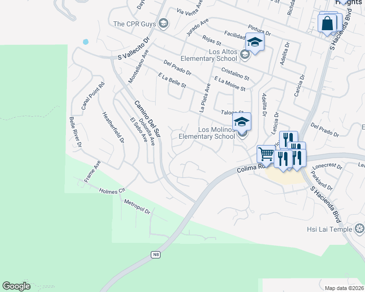map of restaurants, bars, coffee shops, grocery stores, and more near 15420 Shadow Ridge Lane in Hacienda Heights