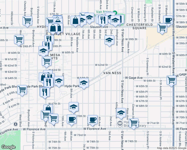 map of restaurants, bars, coffee shops, grocery stores, and more near 6327 5th Avenue in Los Angeles