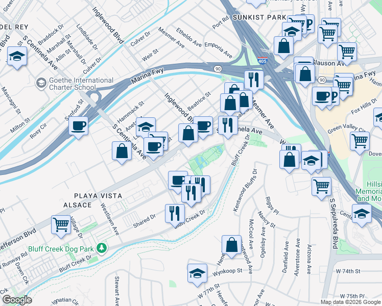 map of restaurants, bars, coffee shops, grocery stores, and more near 12045 West Waterfront Drive in Los Angeles