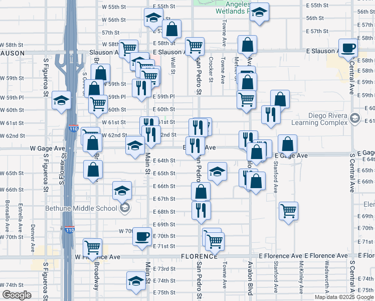map of restaurants, bars, coffee shops, grocery stores, and more near 233 East Gage Avenue in Los Angeles
