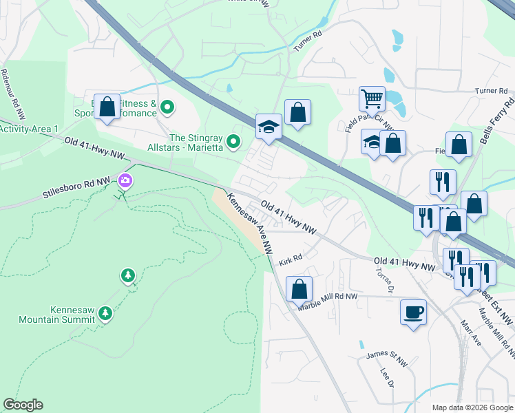 map of restaurants, bars, coffee shops, grocery stores, and more near 612 Parkside Village Drive in Marietta