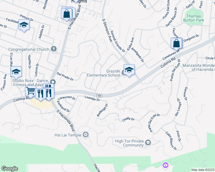 map of restaurants, bars, coffee shops, grocery stores, and more near 2962 Leopold Avenue in Hacienda Heights