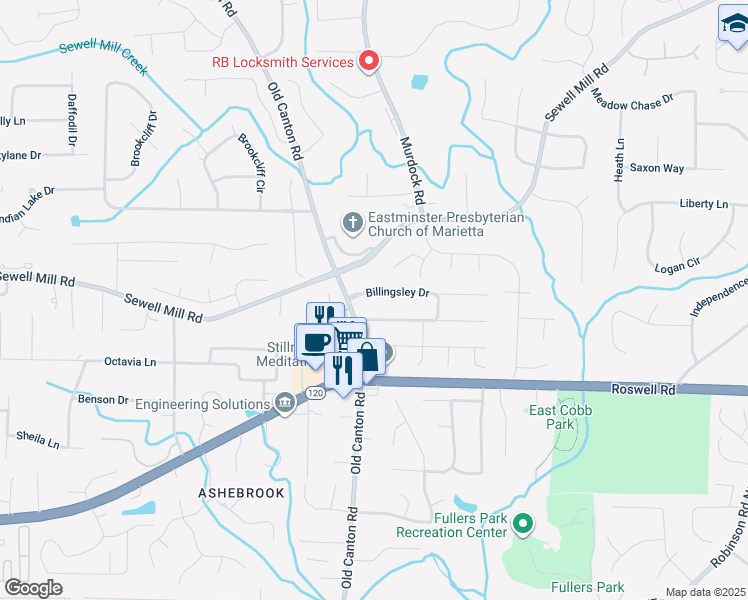 map of restaurants, bars, coffee shops, grocery stores, and more near 3506 Billingsley Drive in Marietta
