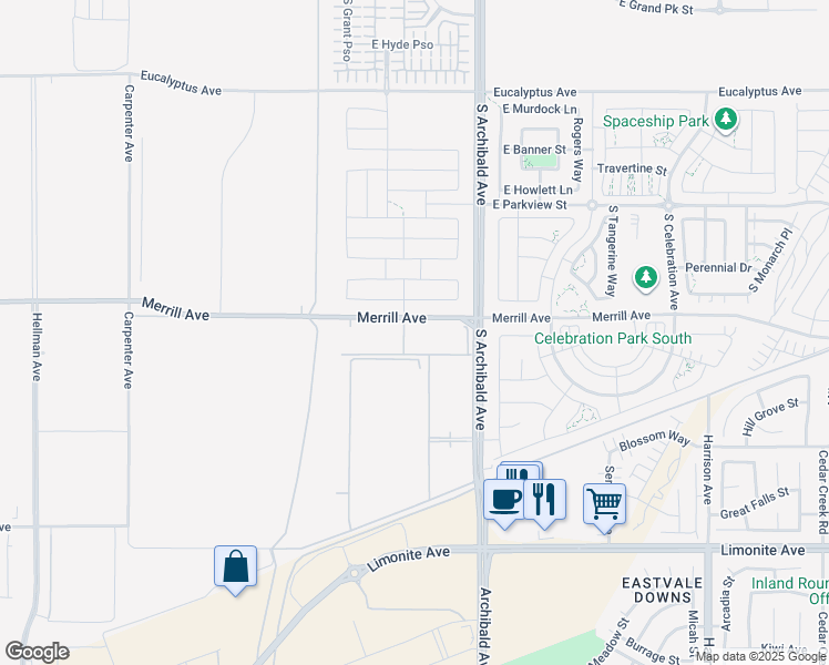 map of restaurants, bars, coffee shops, grocery stores, and more near 2650 Merrill Avenue in Ontario