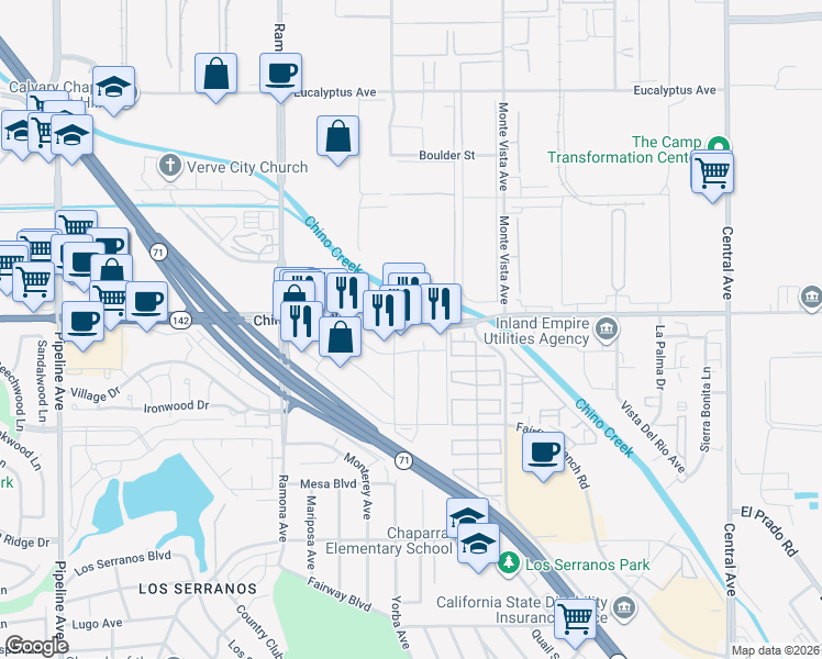 map of restaurants, bars, coffee shops, grocery stores, and more near 4721 Chino Hills Parkway in Chino Hills