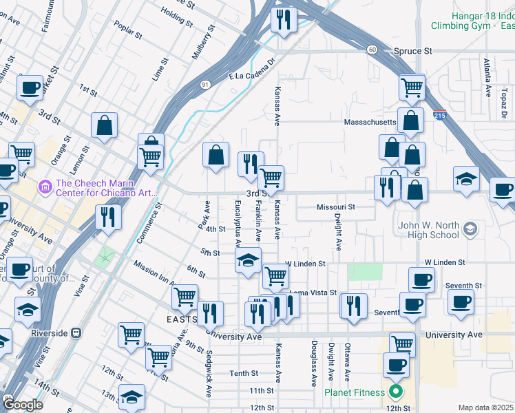 map of restaurants, bars, coffee shops, grocery stores, and more near 3347 Franklin Avenue in Riverside