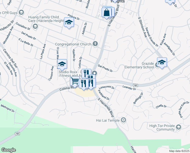 map of restaurants, bars, coffee shops, grocery stores, and more near 3034 South Hacienda Boulevard in Hacienda Heights