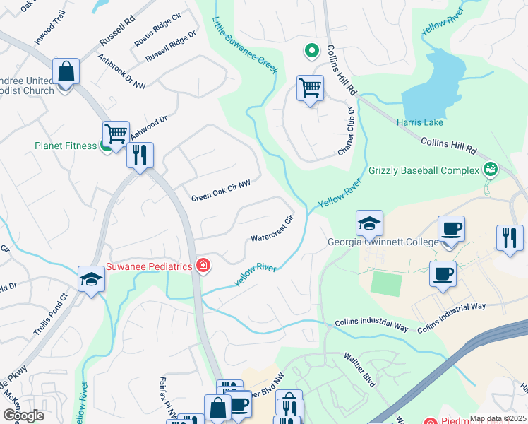 map of restaurants, bars, coffee shops, grocery stores, and more near 361 Fountainmist Trail in Lawrenceville