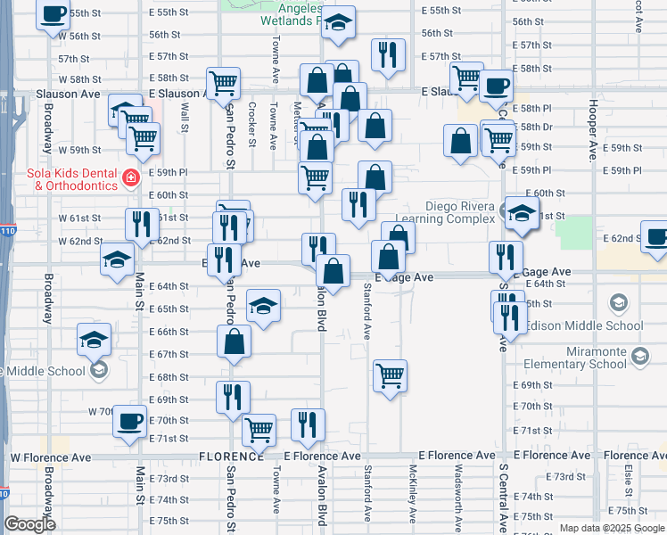 map of restaurants, bars, coffee shops, grocery stores, and more near 615 East Gage Avenue in Los Angeles