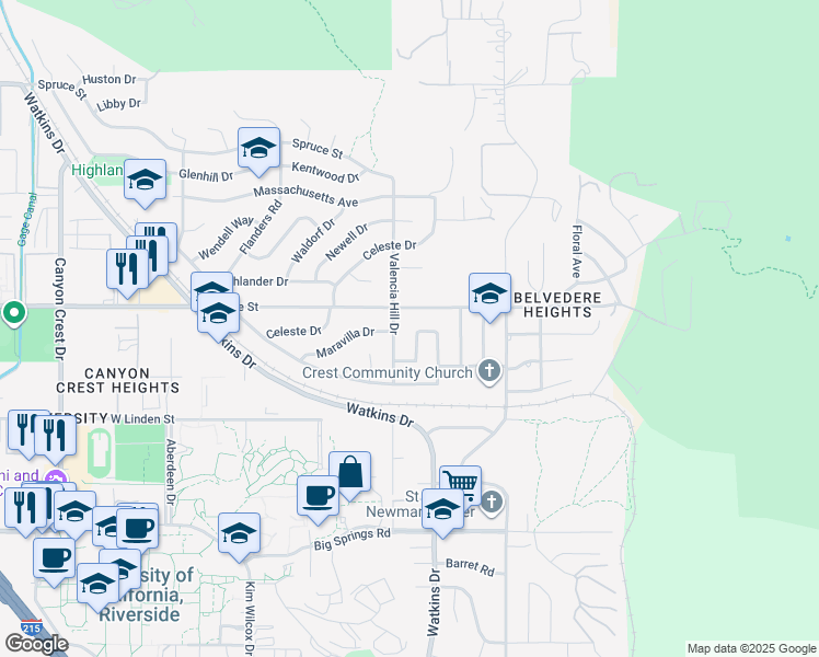 map of restaurants, bars, coffee shops, grocery stores, and more near 3345 Somis Drive in Riverside