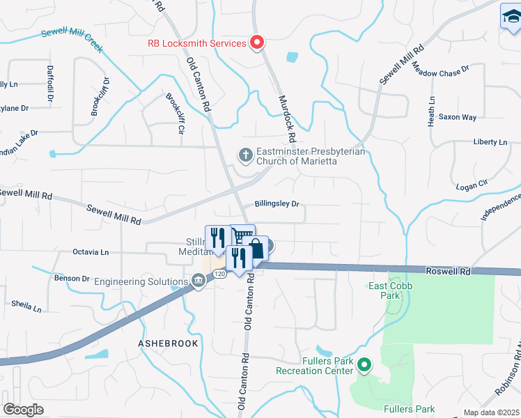 map of restaurants, bars, coffee shops, grocery stores, and more near 3506 Billingsley Drive in Marietta