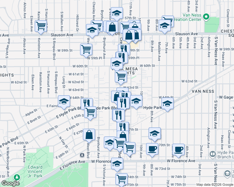 map of restaurants, bars, coffee shops, grocery stores, and more near 6321 Crenshaw Boulevard in Los Angeles