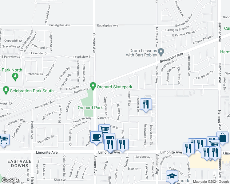 map of restaurants, bars, coffee shops, grocery stores, and more near 5782 Larry Dean Street in Corona