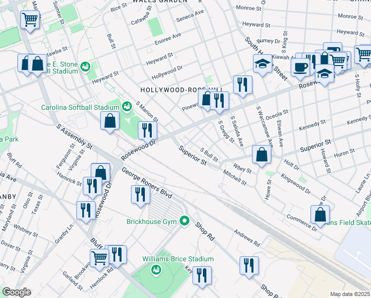 map of restaurants, bars, coffee shops, grocery stores, and more near 502 S-40-448 in Columbia