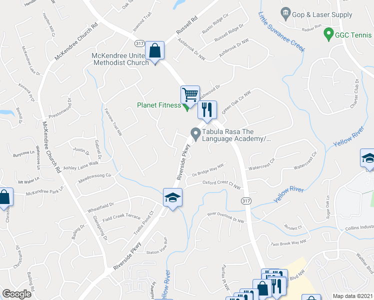 map of restaurants, bars, coffee shops, grocery stores, and more near 602 Birch River Lane in Lawrenceville