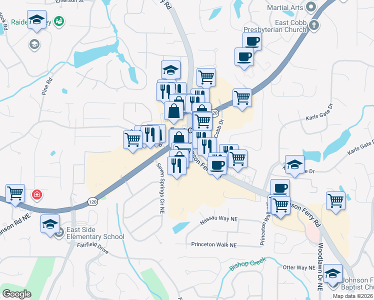 map of restaurants, bars, coffee shops, grocery stores, and more near 1333 Johnson Ferry Road in Marietta