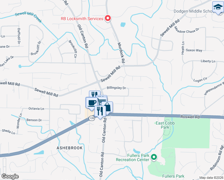 map of restaurants, bars, coffee shops, grocery stores, and more near 3508 Billingsley Drive in Marietta