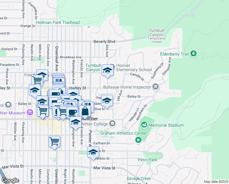 map of restaurants, bars, coffee shops, grocery stores, and more near 13575 Murphy Hill Drive in Whittier