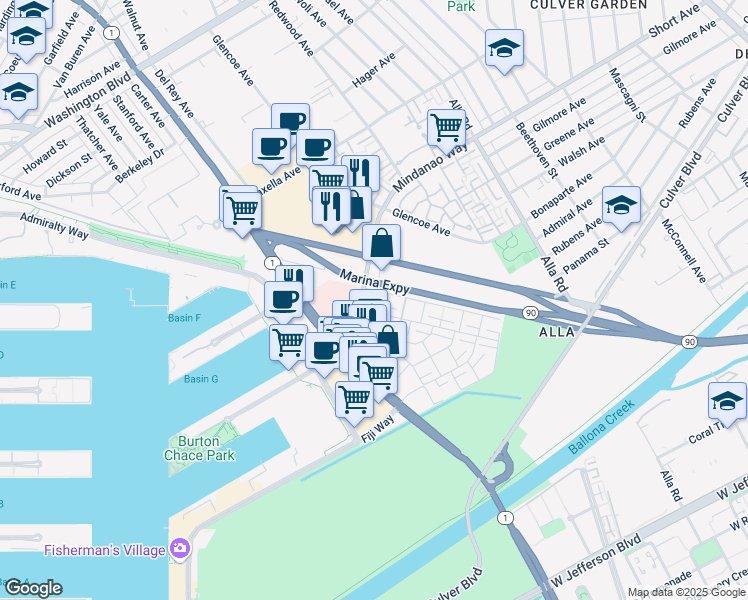 map of restaurants, bars, coffee shops, grocery stores, and more near 4710 La Villa Marina in Marina del Rey