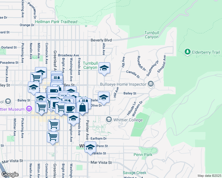 map of restaurants, bars, coffee shops, grocery stores, and more near 6501 Stone Crest Way in Whittier