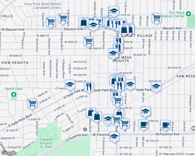 map of restaurants, bars, coffee shops, grocery stores, and more near 6314 Brynhurst Avenue in Los Angeles