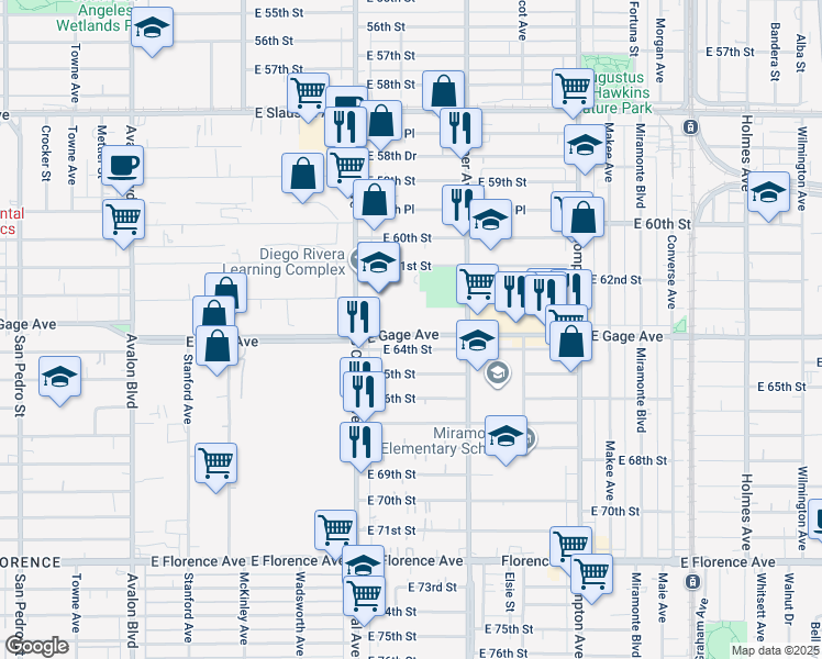 map of restaurants, bars, coffee shops, grocery stores, and more near 6300 S Central Ave in Los Angeles
