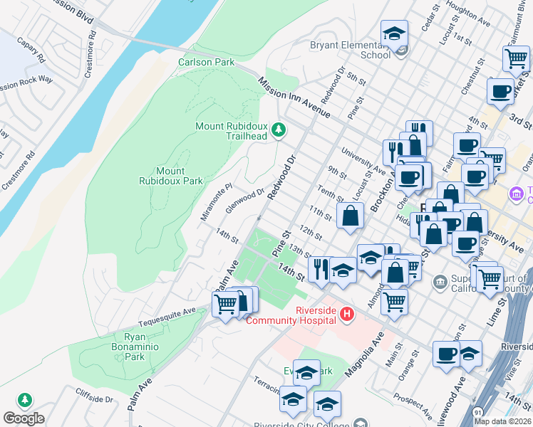 map of restaurants, bars, coffee shops, grocery stores, and more near 4203 Isabella Street in Riverside