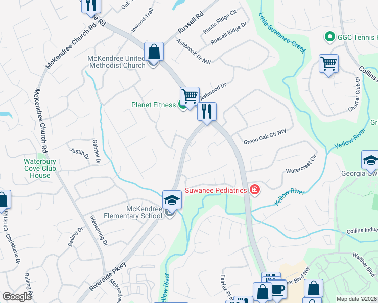 map of restaurants, bars, coffee shops, grocery stores, and more near 602 Birch River Lane in Lawrenceville