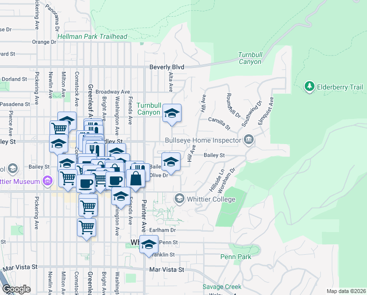 map of restaurants, bars, coffee shops, grocery stores, and more near 13575 Murphy Hill Drive in Whittier