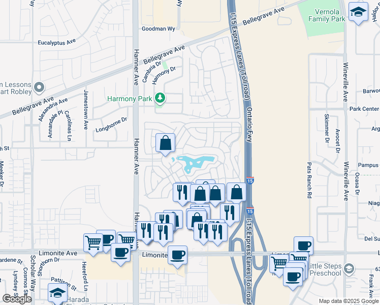 map of restaurants, bars, coffee shops, grocery stores, and more near 5800 Hamner Avenue in Eastvale