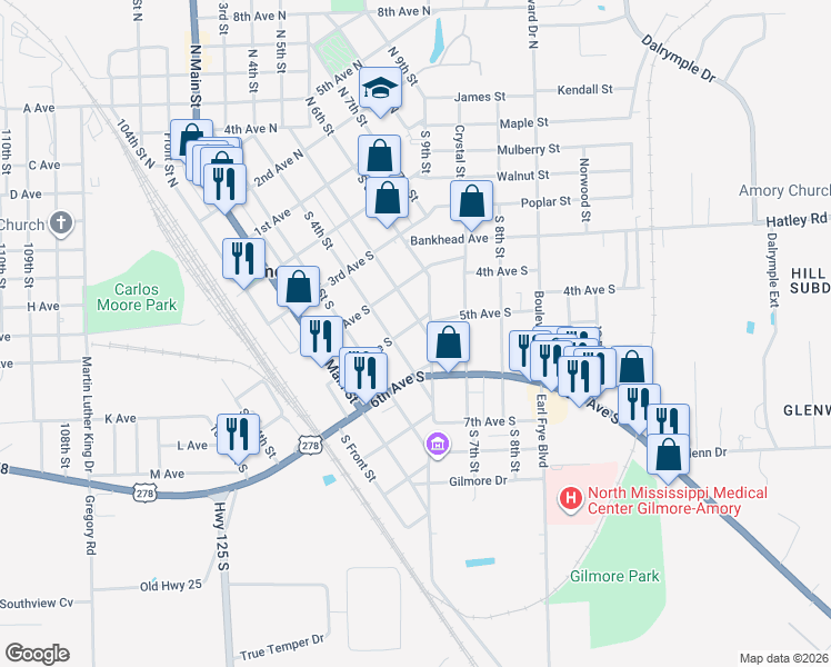 map of restaurants, bars, coffee shops, grocery stores, and more near 501-505 South 6th Street in Amory