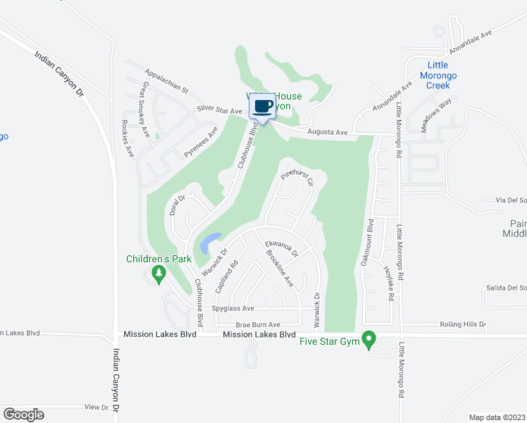 map of restaurants, bars, coffee shops, grocery stores, and more near 64446 Pinehurst Circle in Desert Hot Springs