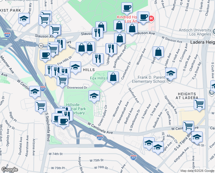 map of restaurants, bars, coffee shops, grocery stores, and more near 6225 Canterbury Drive in Culver City