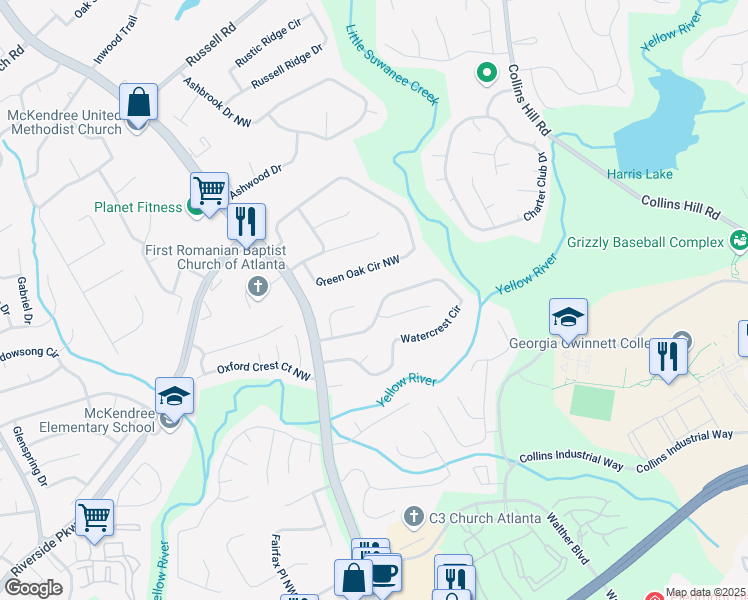 map of restaurants, bars, coffee shops, grocery stores, and more near 1955 Watercrest Circle in Lawrenceville